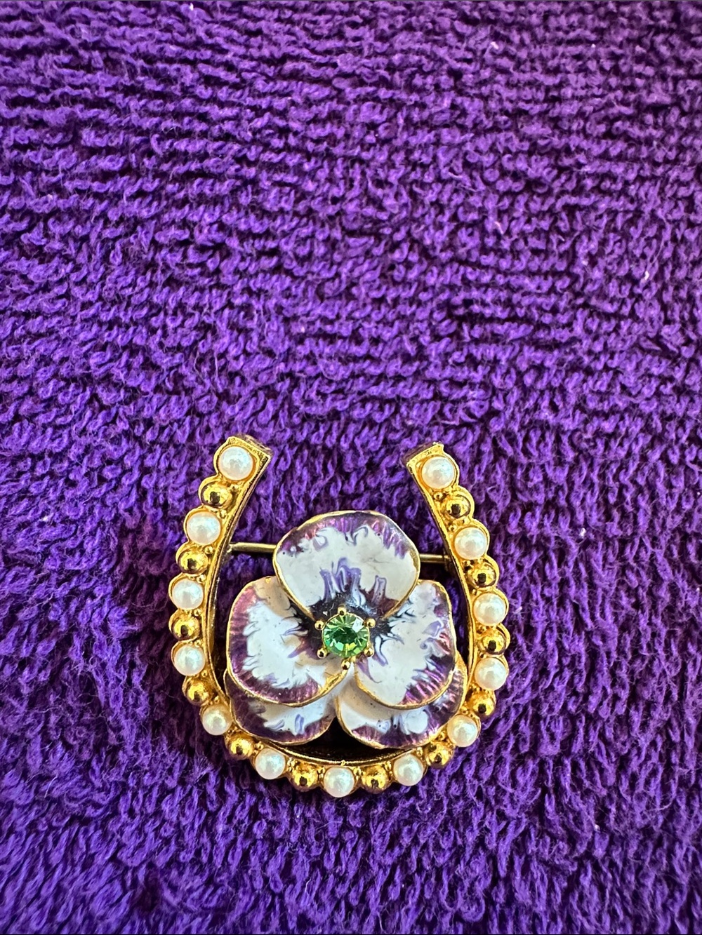 Gold-Tone Pansy Brooch with Purple and White Enamel and Faux Pearls